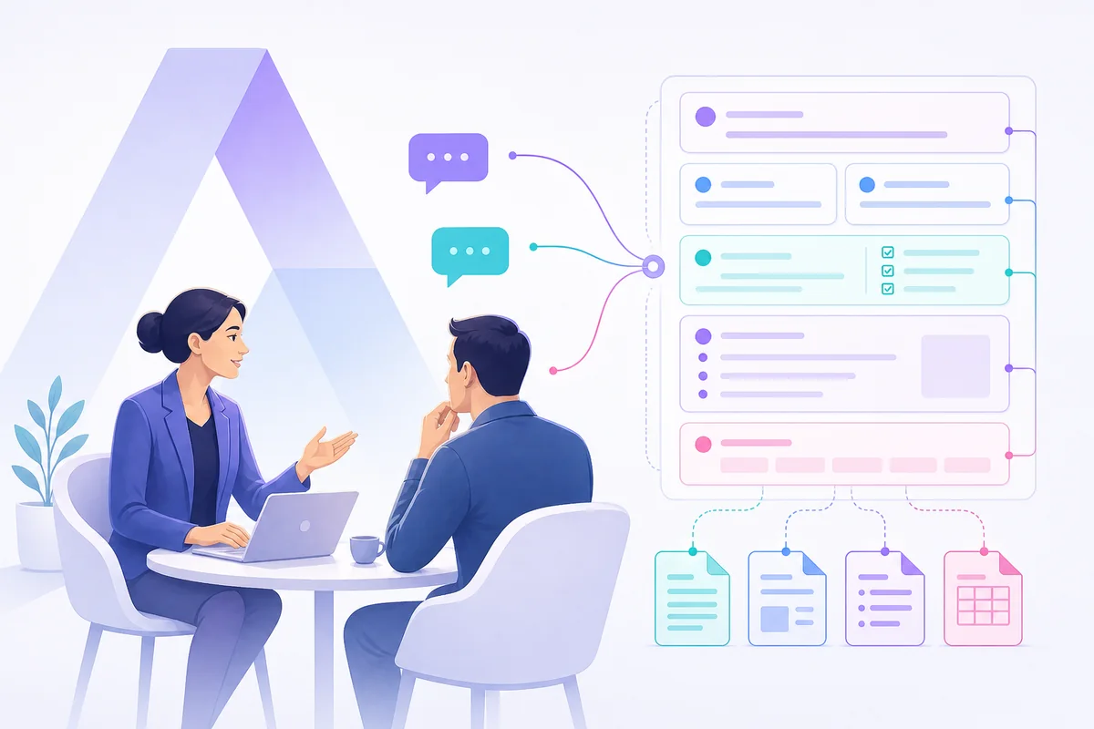 Consulente parla con un cliente mentre il dialogo diventa una scheda progetto.