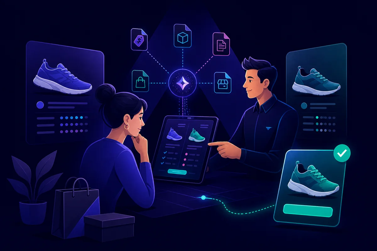 Cliente confronta due prodotti con l'aiuto di un assistente digitale.