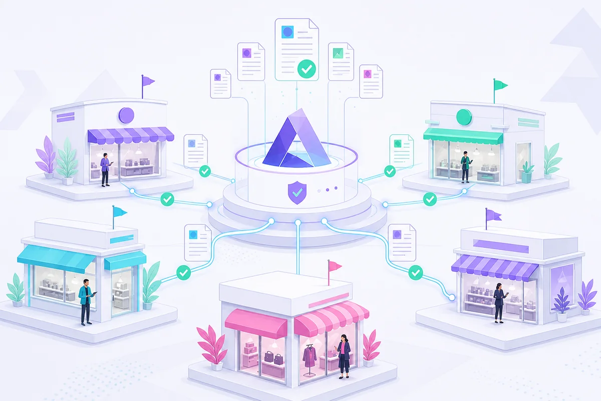 Una base di conoscenza centrale distribuisce contenuti approvati a più punti vendita.