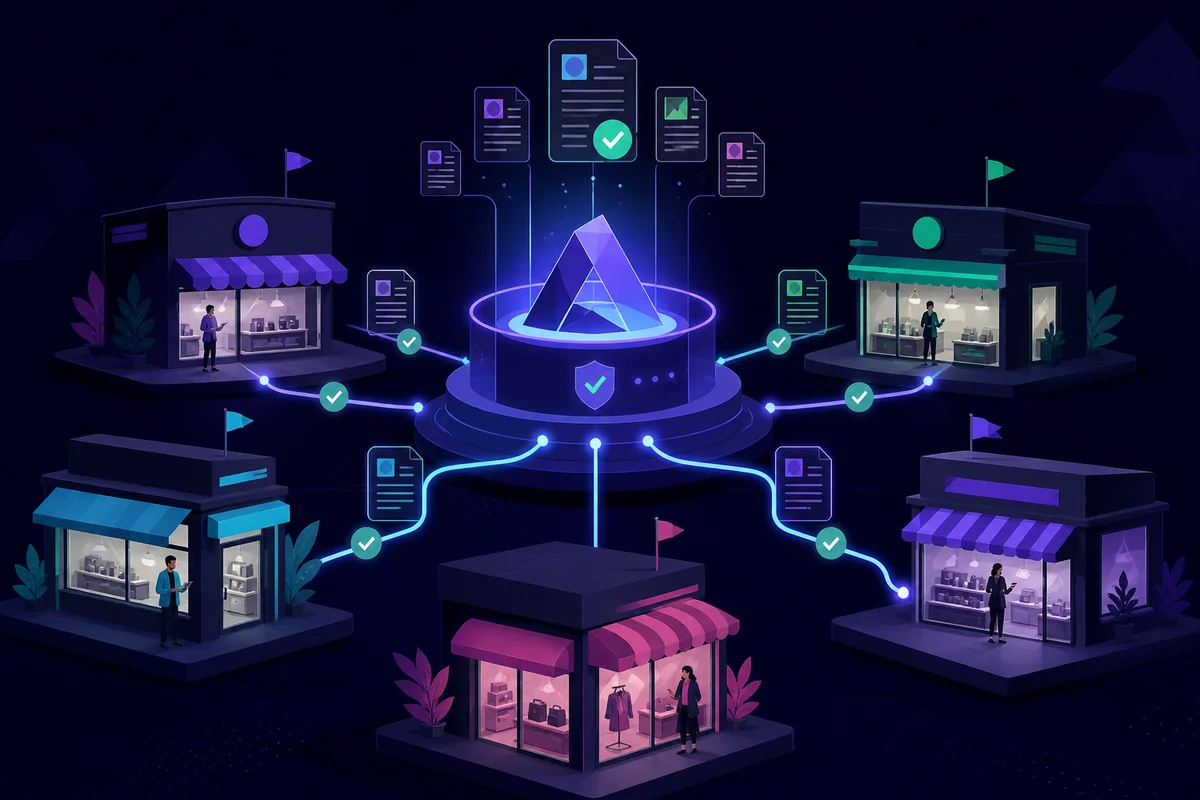 Una base di conoscenza centrale distribuisce contenuti approvati a più punti vendita.