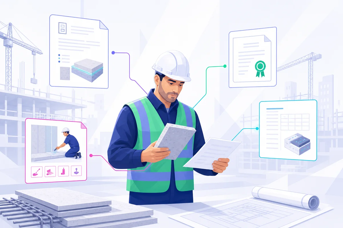Professionista in cantiere confronta un materiale con istruzioni e certificazioni.