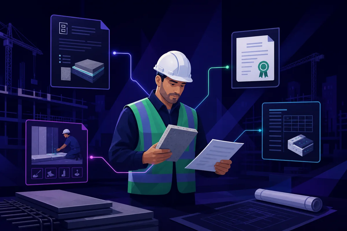 Professionista in cantiere confronta un materiale con istruzioni e certificazioni.