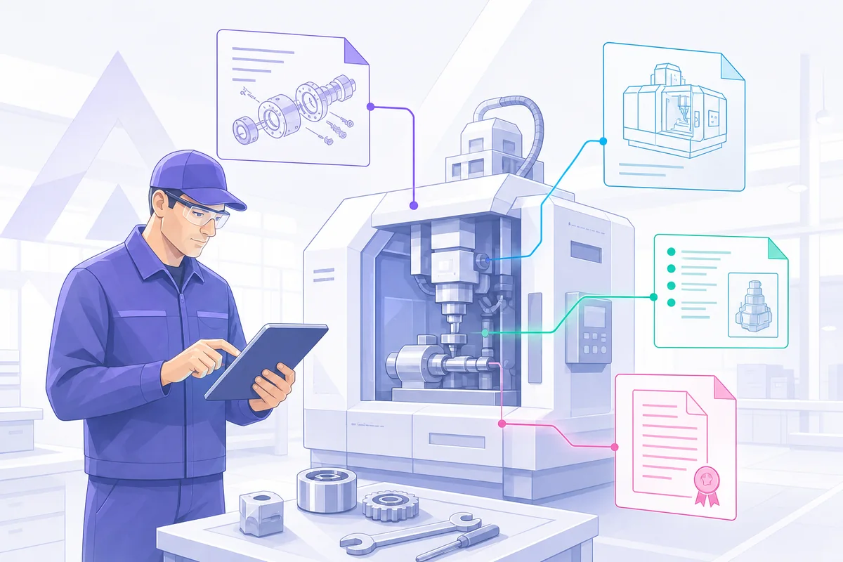 Tecnico di produzione consulta documenti collegati a un macchinario industriale.