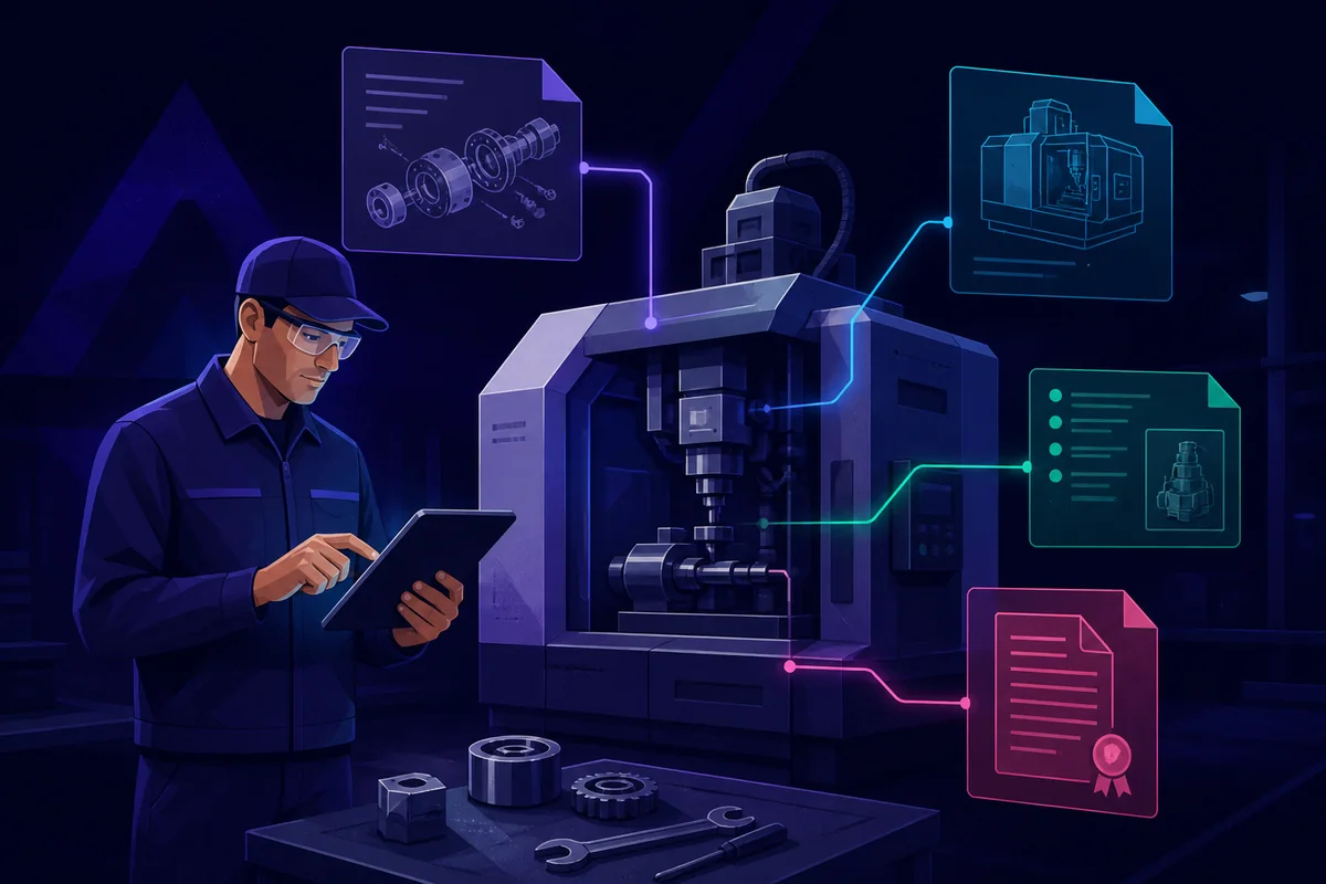 Tecnico di produzione consulta documenti collegati a un macchinario industriale.