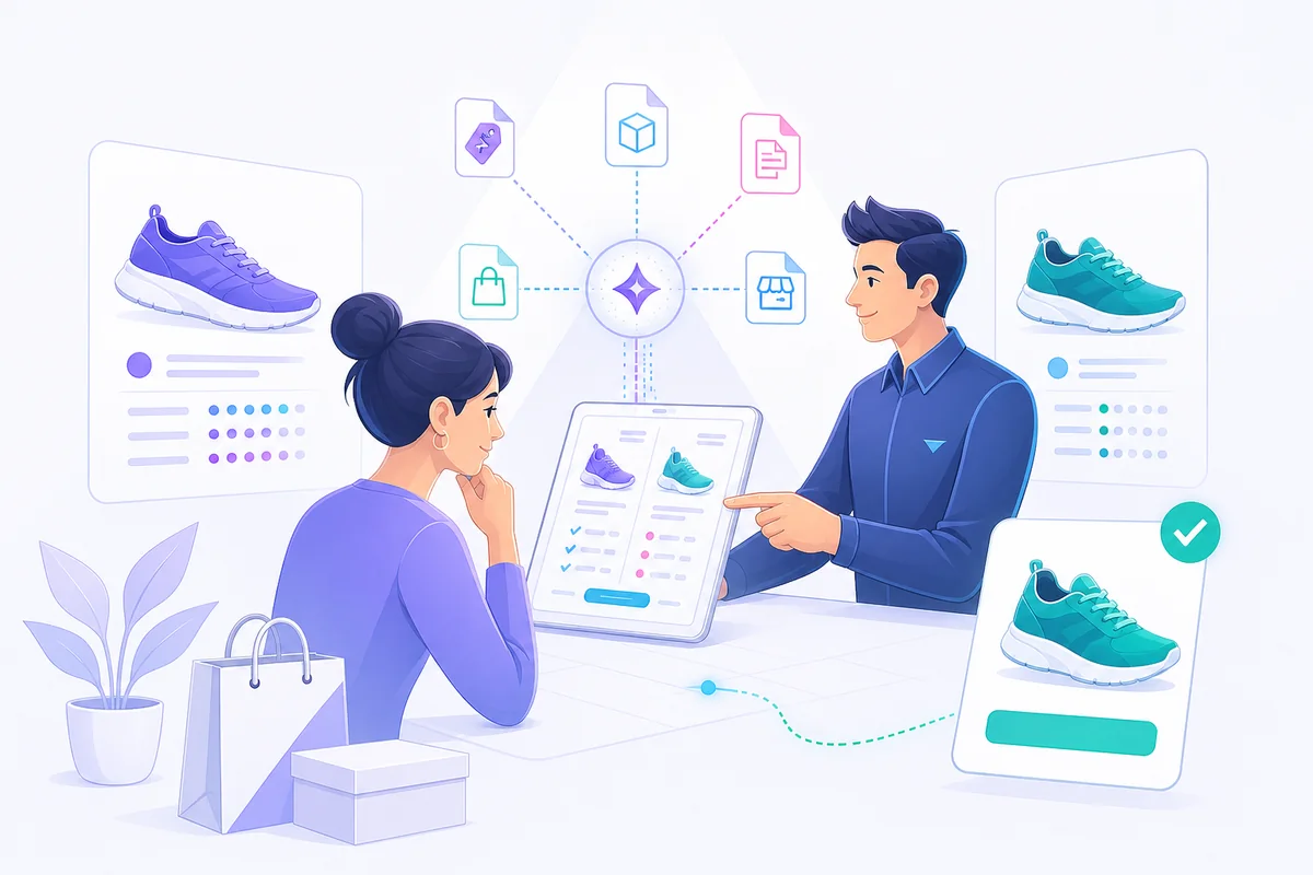 Cliente confronta due prodotti con l'aiuto di un assistente digitale.